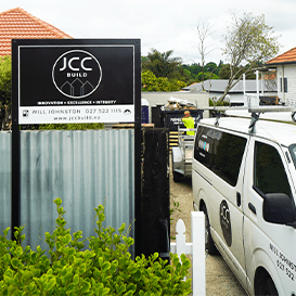 Skip Bin Collection from JCC Build Site (picturing employees, skip, signage & truck)