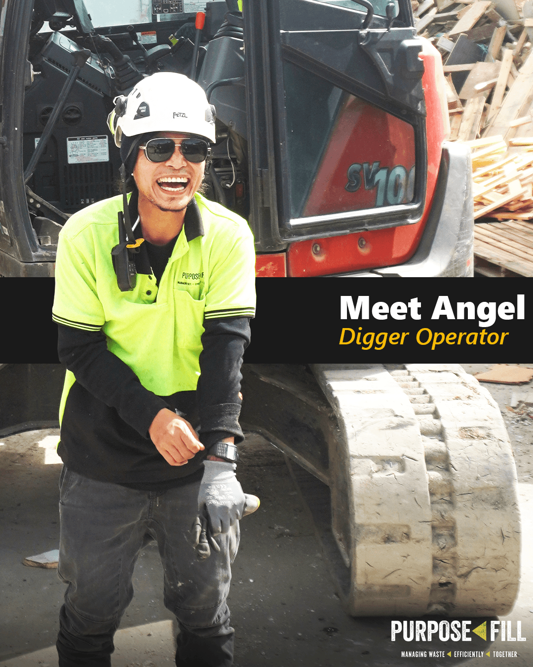 Purpose Fill digger operator Angel smiling for camera